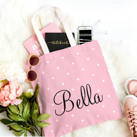 Personalized Pink Polka Dot Tote Bag トートバッグ