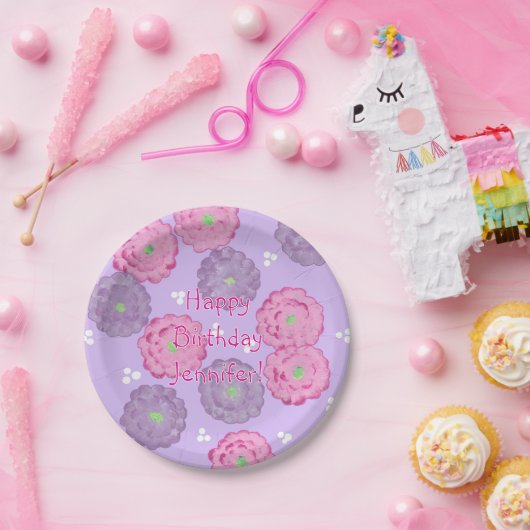 Personalized Pink Purple Flowers Birthday Plates ペーパープレート (パーティー)