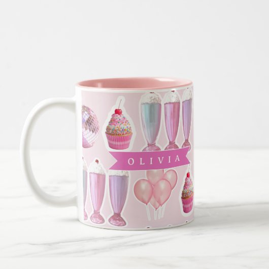 Personalized Pink Retro Milkshake Cute Coquette ツートーンマグカップ (左)