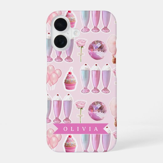 Personalized Pink Retro Milkshake Cute Coquette iPhone 16ケース (裏面)