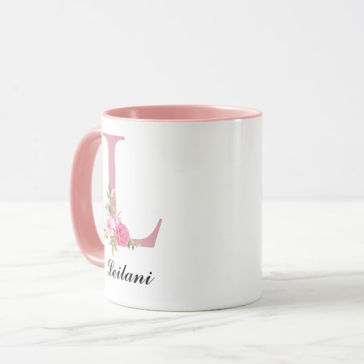 Personalized Pink Roses Monogram Mug Gift for Her マグカップ (正面左)