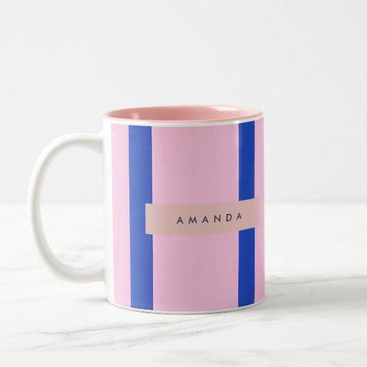 Personalized Pink & Royal Blue Stripe Design ツートーンマグカップ (左)