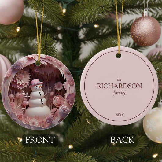 Personalized Pink Snowman Christmas セラミックオーナメント