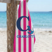 Personalized Pink Stripes Navy Blue Anchor Beach ビーチタオル