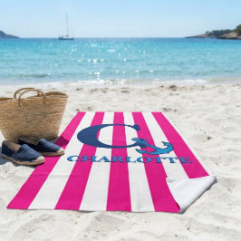 Personalized Pink Stripes Navy Blue Anchor Beach  ビーチタオル