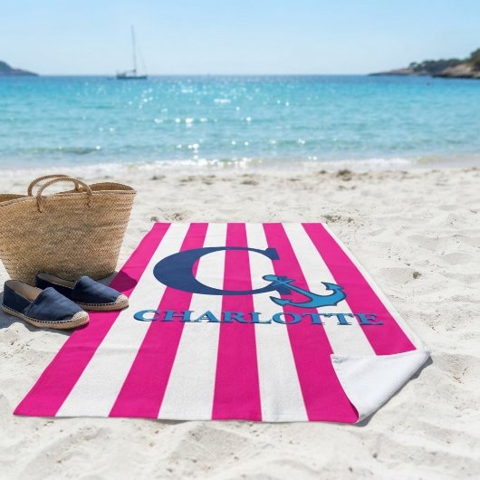 Personalized Pink Stripes Navy Blue Anchor Beach ビーチタオル