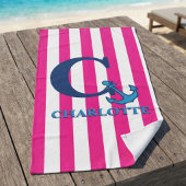 Personalized Pink Stripes Navy Blue Anchor Beach ビーチタオル