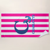 Personalized Pink Stripes Navy Blue Anchor Beach ビーチタオル (正面)