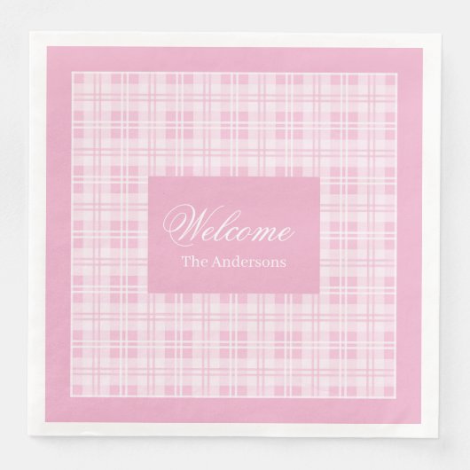 Personalized Pink Table Napkins Modern Tartan Look (正面)
