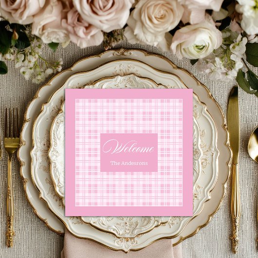 Personalized Pink Table Napkins Modern Tartan Look