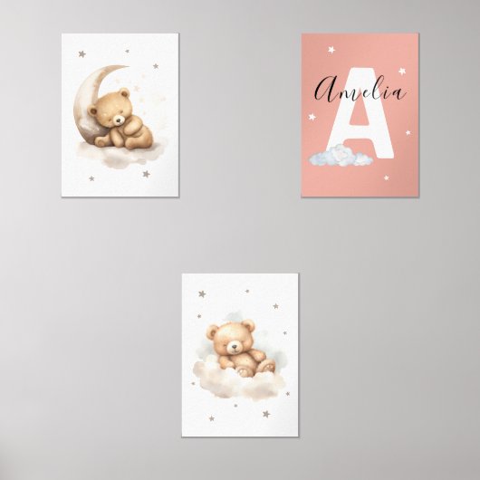 Personalized Pink Teddy Bear Nursery Prints Baby (正面)