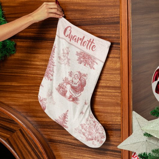 Personalized Pink Toile Christmas Stocking ラージクリスマスストッキング