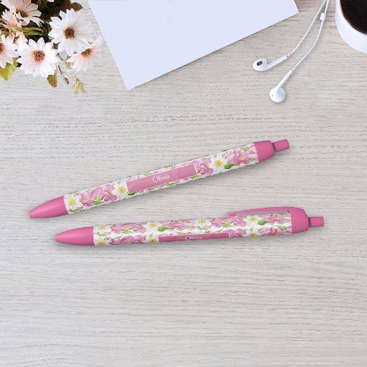 Personalized Pink Tulips & Daffodils Floral Pen 黒ボールペン