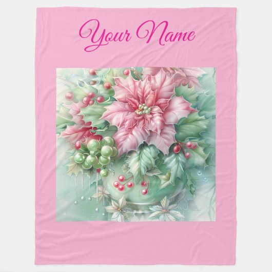 Personalized Pink Vintage Christmas Poinsettia Fle フリースブランケット (正面)