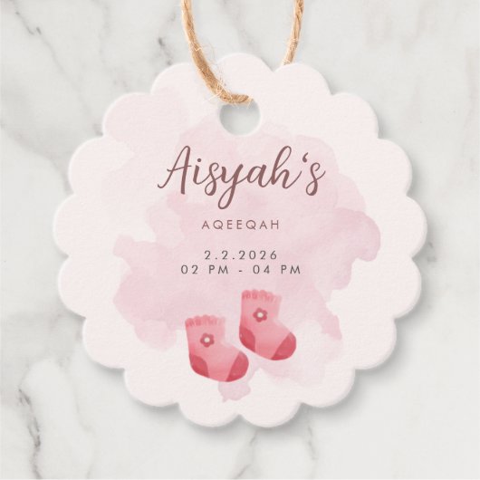 Personalized Pink Watercolor Baby Girl Aqiqah フェイバータグ (正面)