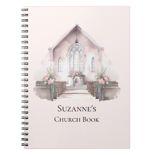 Personalized Pink Watercolor Church Book ノートブック (正面)