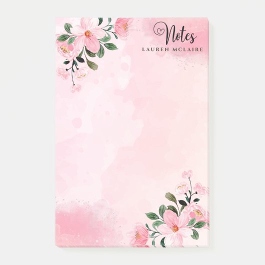 Personalized Pink Watercolor Spring Flowers ポストイット (正面)