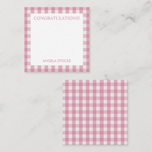 Personalized Pink White Gingham ノートカード (正面/裏面)