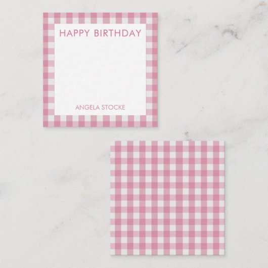 Personalized Pink White Gingham ノートカード (正面/裏面)