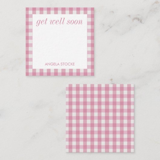 Personalized Pink White Gingham ノートカード (正面/裏面)