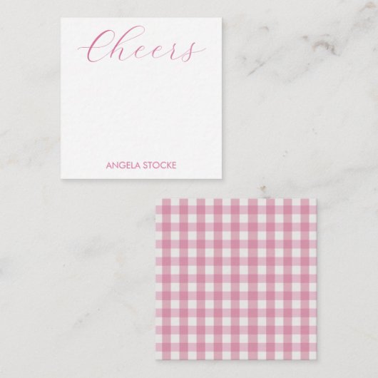 Personalized Pink White Gingham ノートカード (正面/裏面)