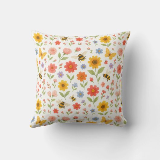 Personalized Pink Yellow Floral Bee Throw Pillow クッション (裏面)