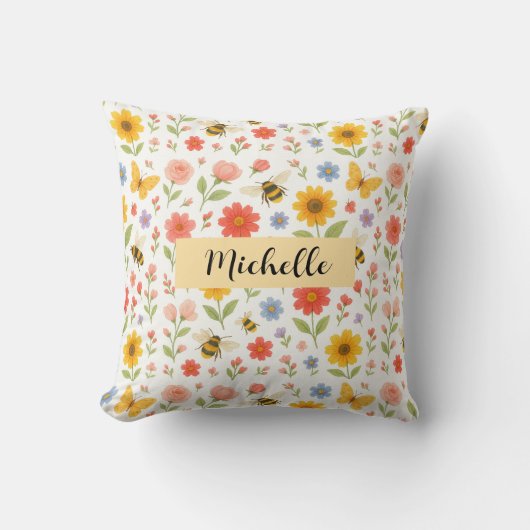 Personalized Pink Yellow Floral Bee Throw Pillow クッション (正面)
