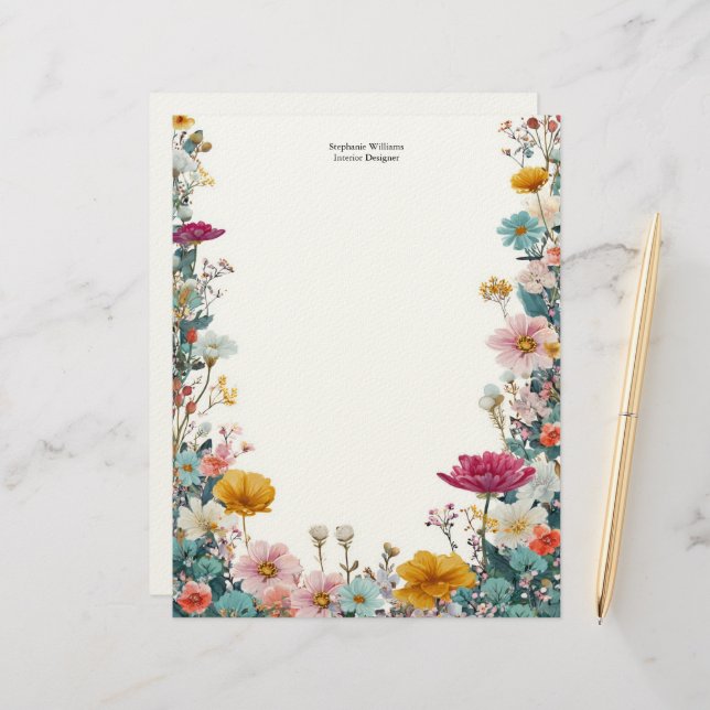 Personalized Pink Yellow Teal Wildflowers  レターヘッド (正面/裏面インサイチュ)