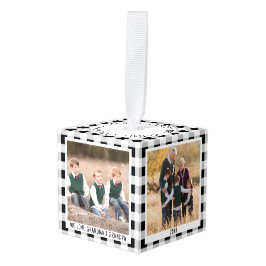 Personalized Plaid 4 Photo Christmas Grandparents キューブオーナメント
