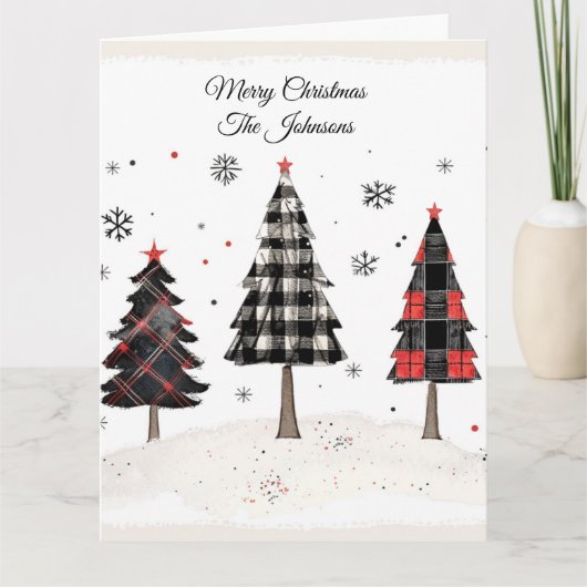 Personalized Plaid Christmas Tree Family Name  カード (正面)