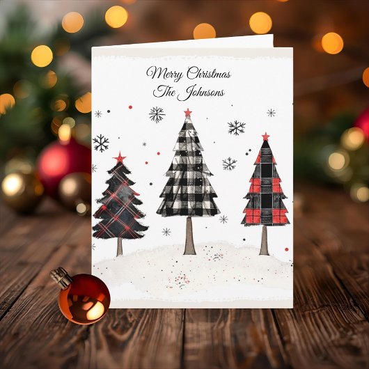 Personalized Plaid Christmas Tree Family Name  カード