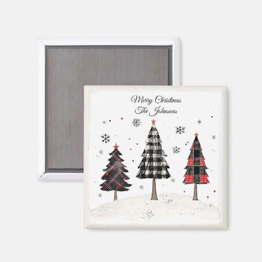 Personalized Plaid Christmas Tree Family Name マグネット (正面/裏面)