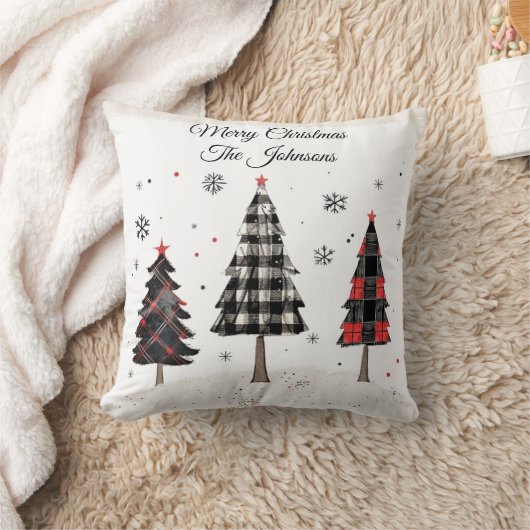 Personalized Plaid Christmas Tree Family Pillow クッション (ブランケット)