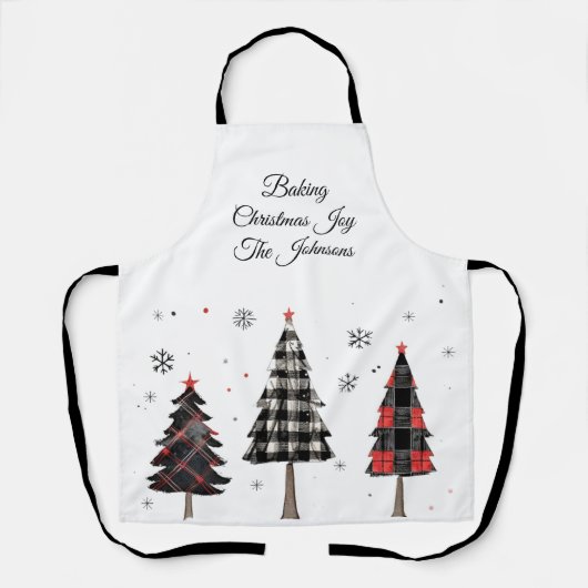 Personalized Plaid Christmas Trees Family Name エプロン (正面)