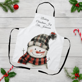 Personalized Plaid Snowman Christmas Family Name エプロン