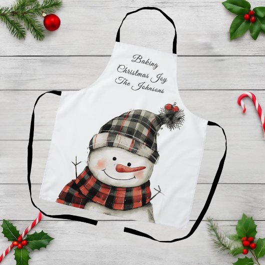Personalized Plaid Snowman Christmas Family Name エプロン