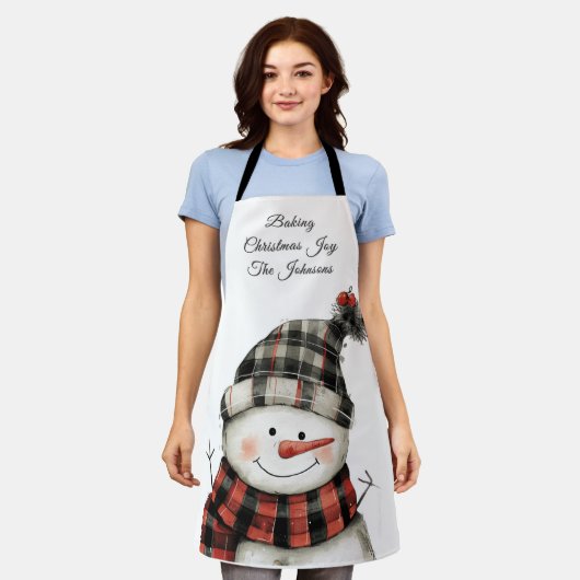 Personalized Plaid Snowman Christmas Family Name エプロン (着用した状態)