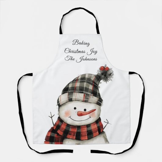 Personalized Plaid Snowman Christmas Family Name エプロン (正面)