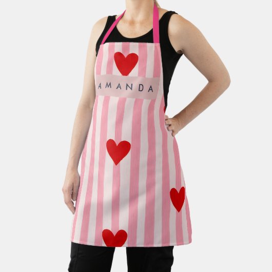 Personalized Playful Red Heart & Pink Stripe  エプロン (インサイチュ)