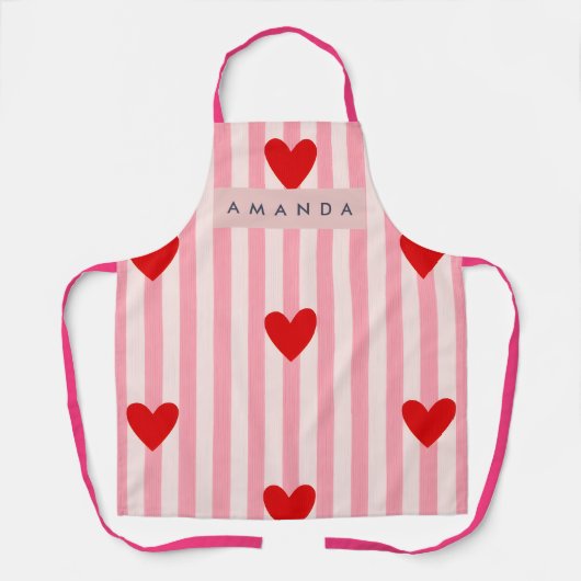 Personalized Playful Red Heart & Pink Stripe  エプロン (正面)