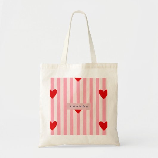 Personalized Playful Red Heart & Pink Stripe トートバッグ (正面)