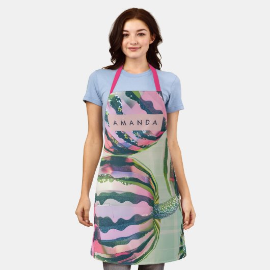 Personalized Playful Watermelon Stripe  エプロン (着用した状態)