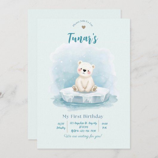 Personalized Polar Bear Birthday Invitation 招待状 (正面/裏面)