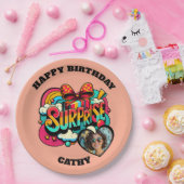 Personalized Pop Art Retro Birthday Photo ペーパープレート (パーティー)