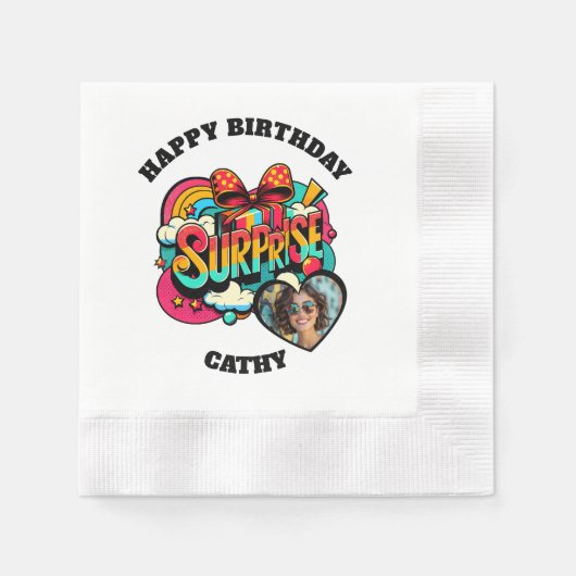 Personalized Pop Art Retro Birthday Photo 縁ありカクテルナプキン (正面)