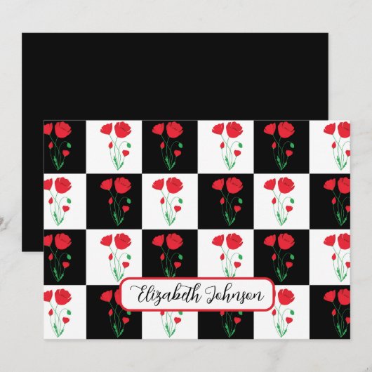 Personalized Poppy Checkerboard Floral Note Card ノートカード (正面/裏面)