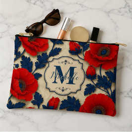 Personalized Poppy Flower Red Floral Monogram アクセサリーポーチ