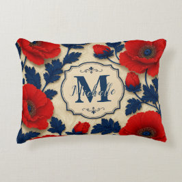 Personalized Poppy Flower Red Floral Monogram アクセントクッション