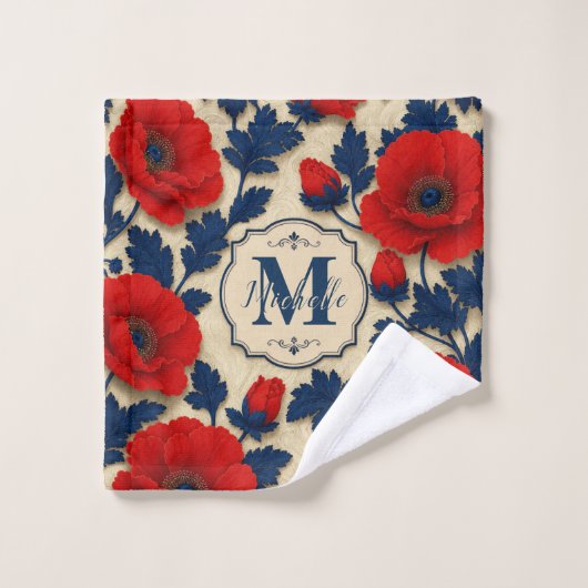 Personalized Poppy Flower Red Floral Monogram ウォッシュタオル (ウォッシュタオル)
