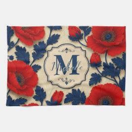 Personalized Poppy Flower Red Floral Monogram キッチンタオル